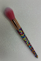 Rainbow  Bling Round Blush Brush with a full multicolored crystal handle, gold ferrule and pink bristles by La Paz Cosmetics on a white background 