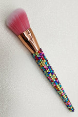 Rainbow  Bling angled blush brush with a full multicolored crystal handle, gold ferrule and pink bristles by La Paz Cosmetics on a white background 