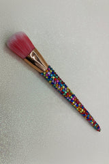 Rainbow  Bling Foundation Brush with a full multicolored crystal handle, gold ferrule and pink bristles by La Paz Cosmetics on a white background 