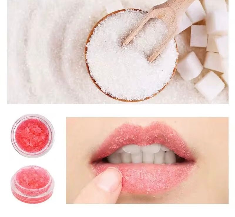 La Paz Cosmetics Strawberry Lip Sugar Scrub — pink sugar scrub and balm jars beside a bowl of white sugar crystals, with a close-up of the scrub being applied to lips
