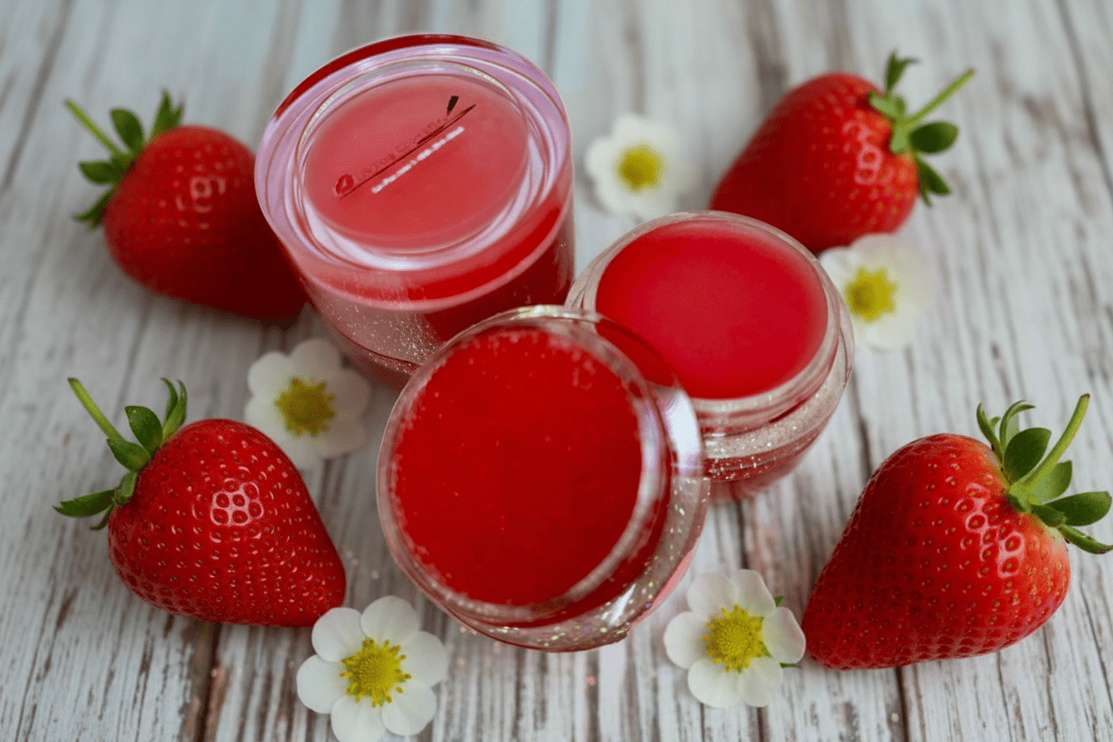 A container of La Paz Cosmetics Strawberry Lip Sugar Scrub and Balm  with another container open showing the two different sides on a rustic white wood surface surrounded by fresh red strawberries and white strawberry blossoms