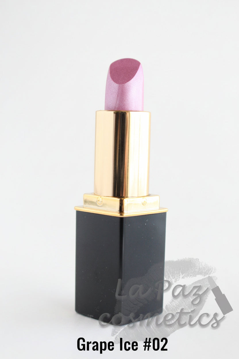 A tube of L'Paige lipstick in color #02 Grape Ice, which is a shade of pink, placed on a white surface with the brand name 'LaPaz Cosmetics' visible.
