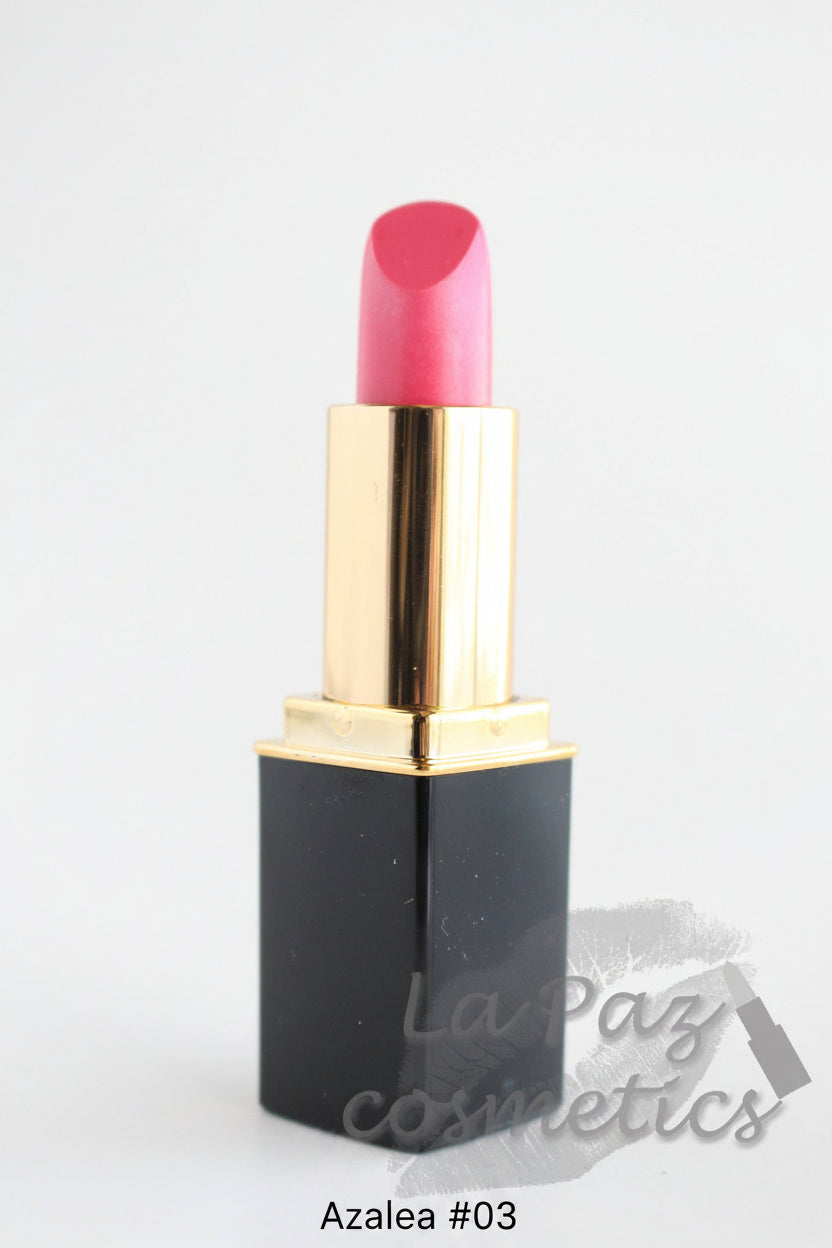 A tube of L'Paige lipstick in Azalea Pink color, with a gold and black packaging.