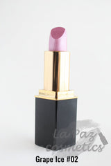 A tube of L'Paige lipstick in color #02 Grape Ice, which is a shade of pink, placed on a white surface