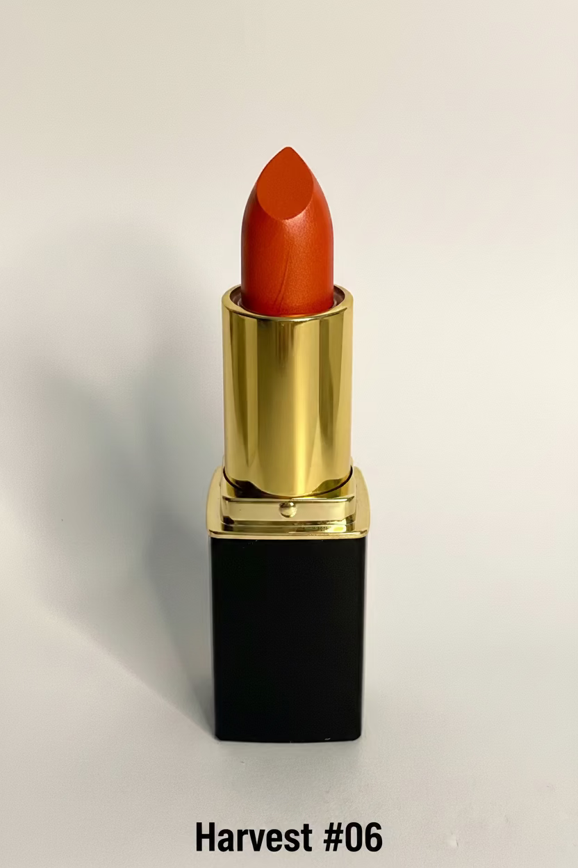 A single stick of L'Paige Lipstick in color #06 Harvest, which is a bright orange/coral shade