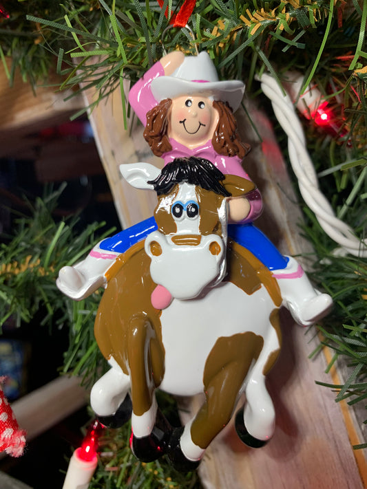 Cowgirl and pony tree ornament