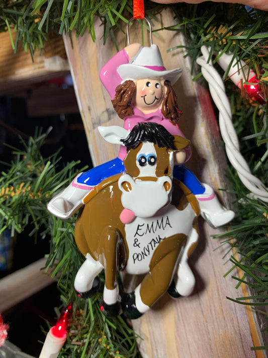 Cowgirl and pony tree ornament